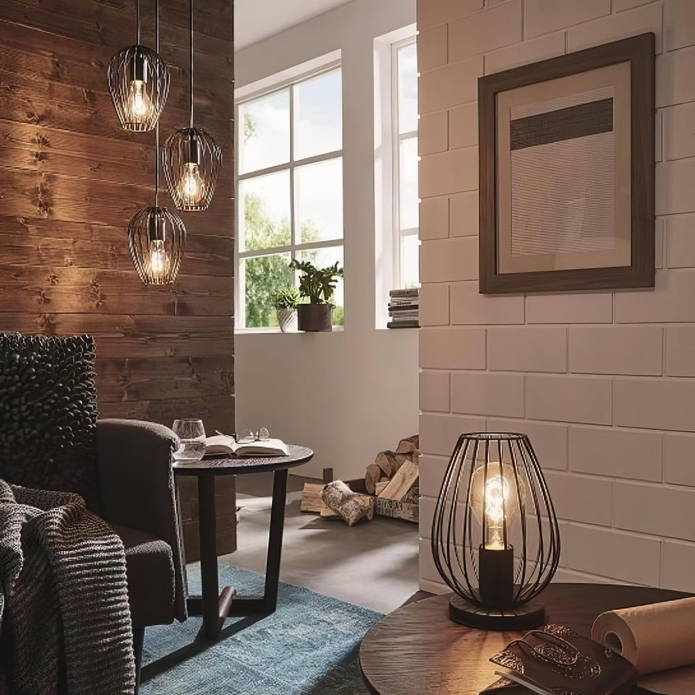 Interior inspiration with a reading chair, timber wall and coordinated wire-frame pendant and table lights