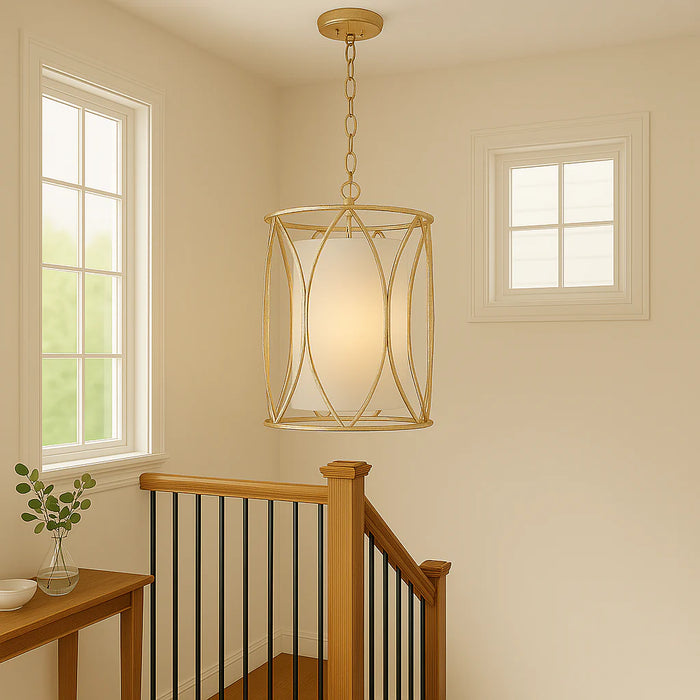 Interior inspiration featuring a light stairwell with a gold pendant and timber handrail